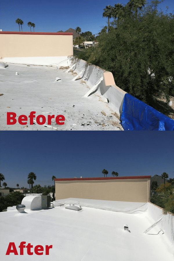 a building with a roof and a sign on the side. Before and After image of a rooftop