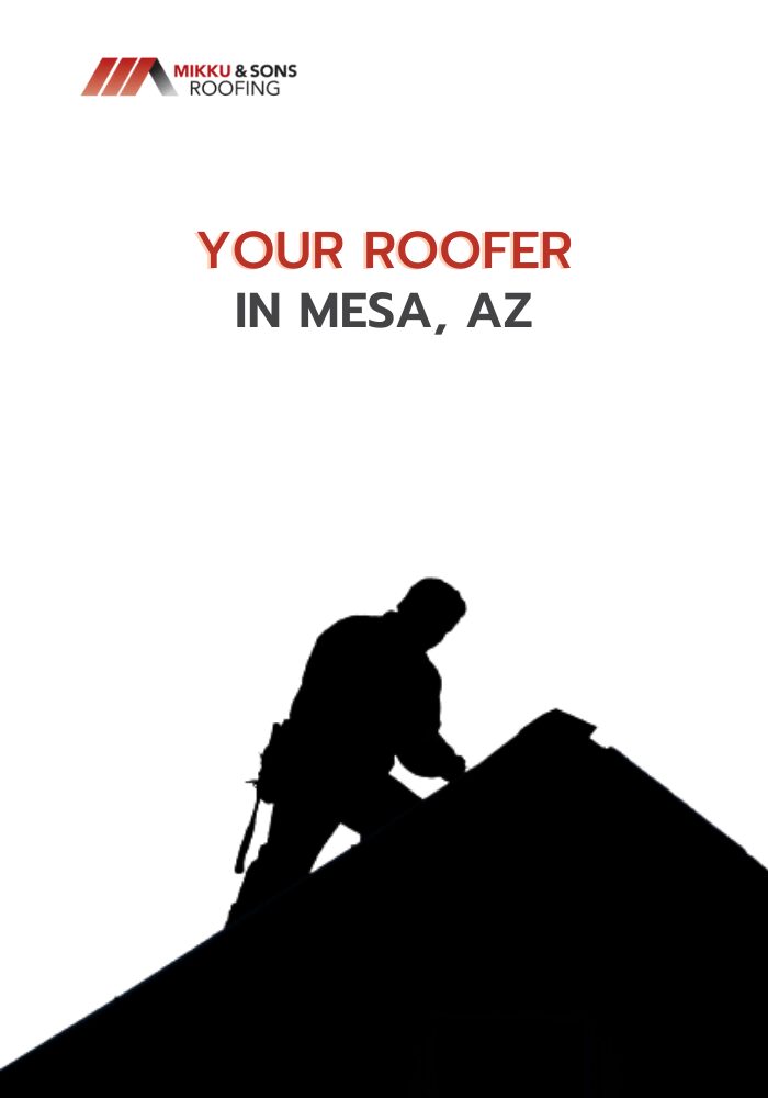 Silhouette of man on a black and white roof with text "your roofer in Mesa AZ"