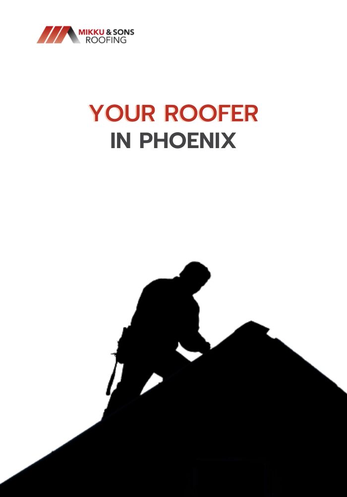Silhouette of man on a black and white roof with text "your roofer in Phoenix AZ"