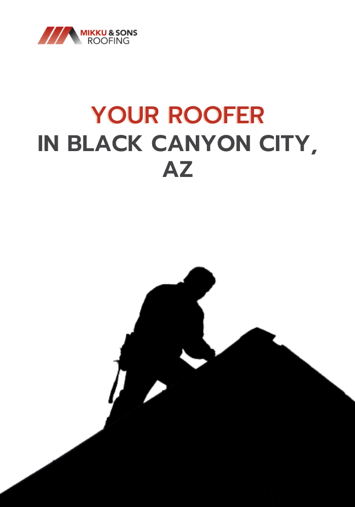 Silhouette of man on a black and white roof with text "your roofer in Black Canyon City, AZ.